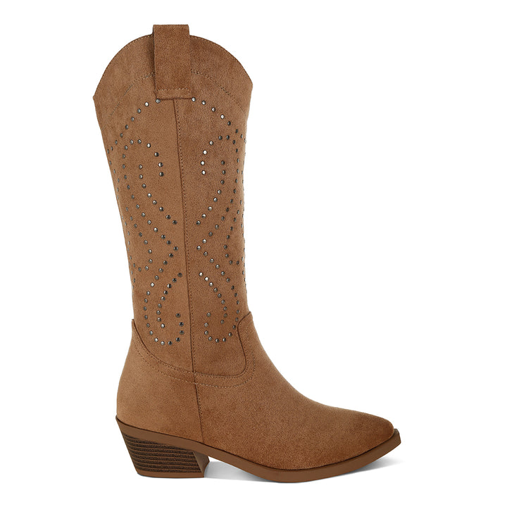 studs embellished cowboy boots#color_camel