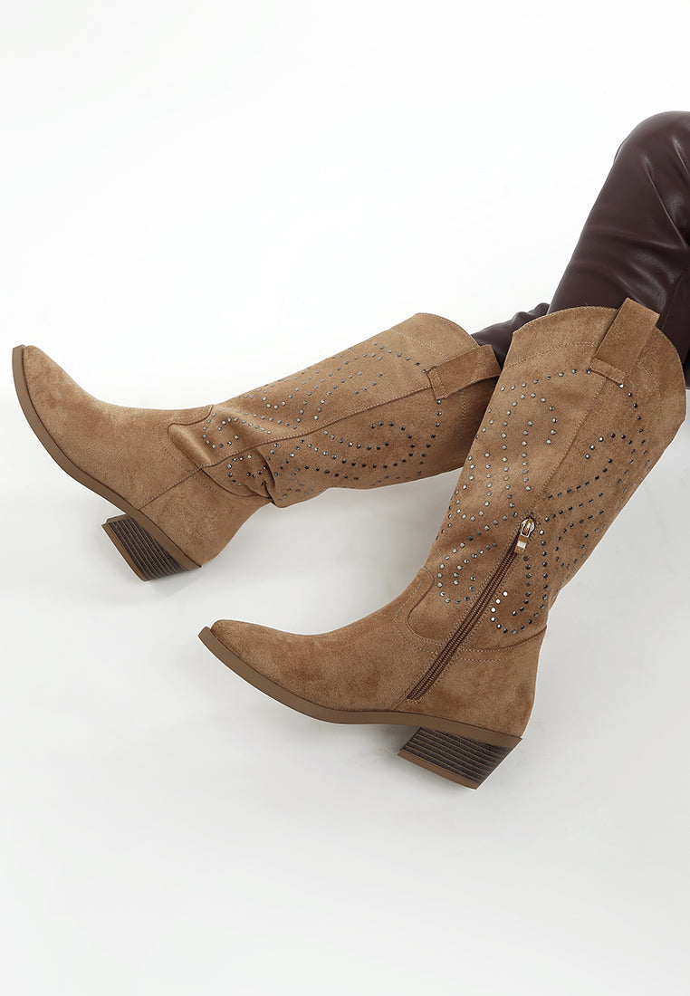 women studs embellished cowboy boots#color_camel