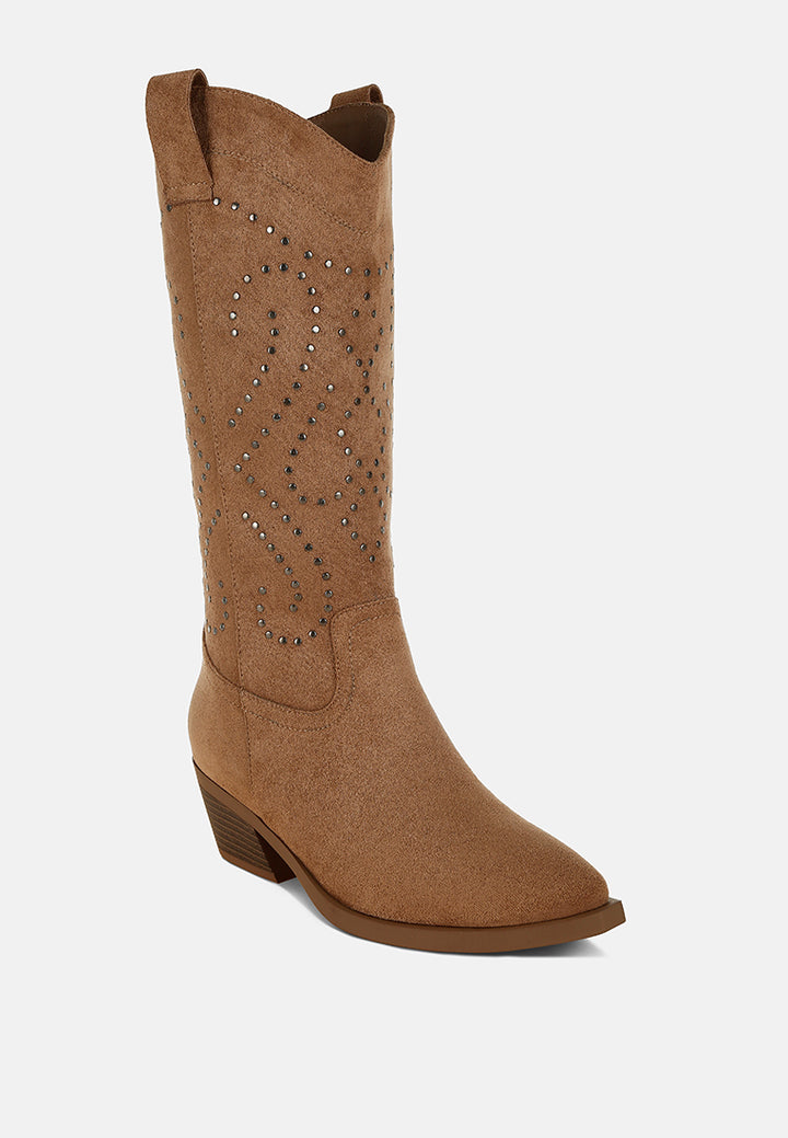 women studs embellished cowboy boots#color_camel