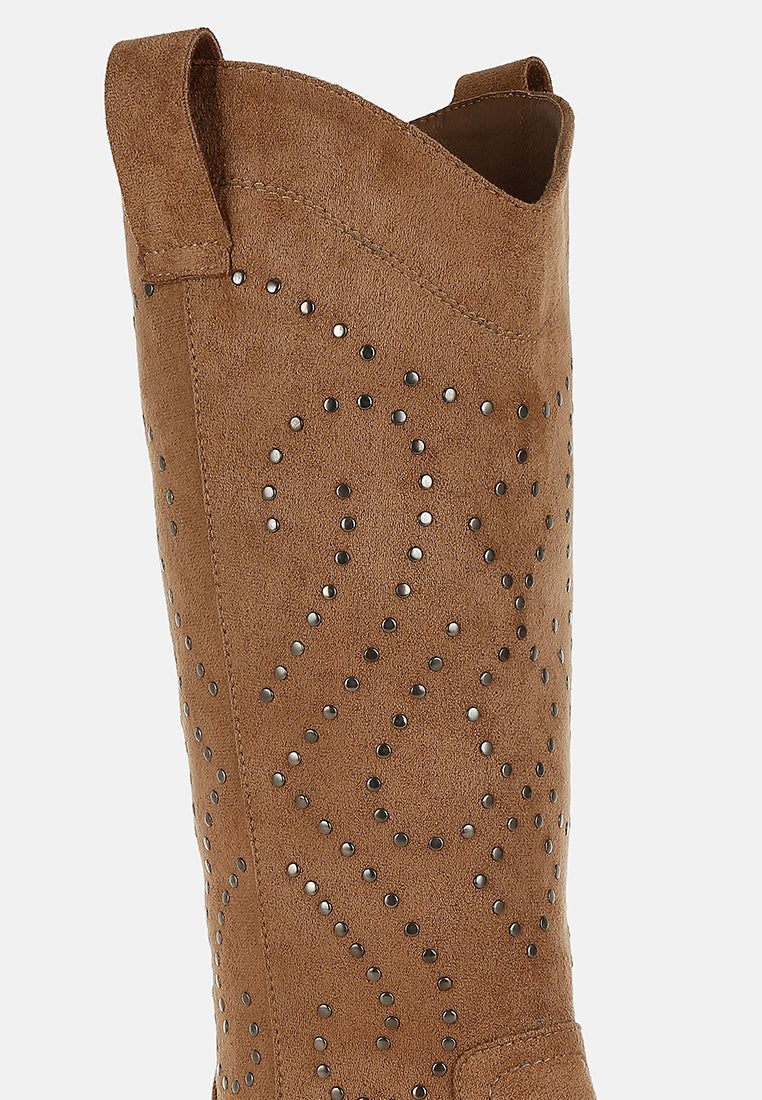 women studs embellished cowboy boots#color_camel