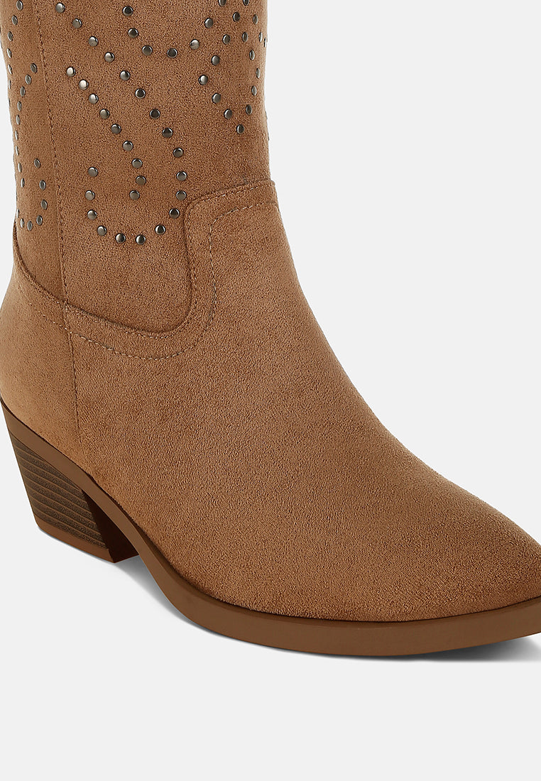 women studs embellished cowboy boots#color_camel