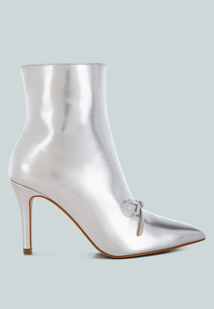 women bow detail metalic high ankle boots#color_silver