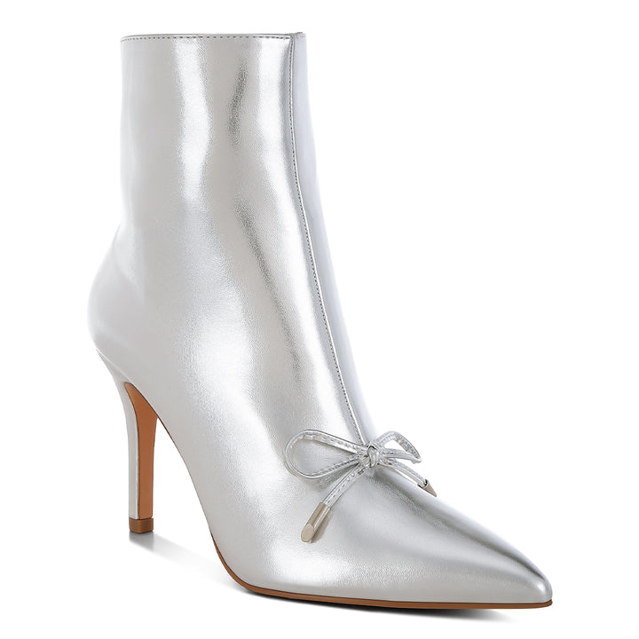 bow detail metalic high ankle boots#color_silver