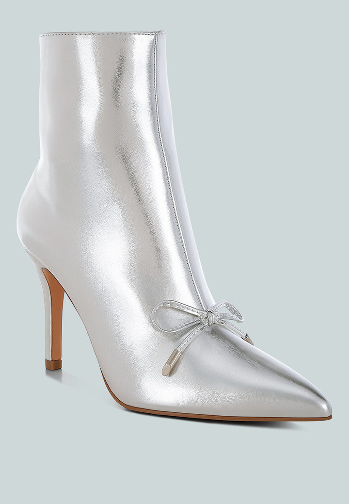 women bow detail metalic high ankle boots#color_silver