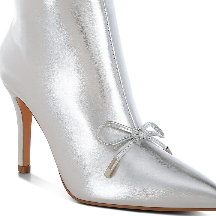 bow detail metalic high ankle boots#color_silver