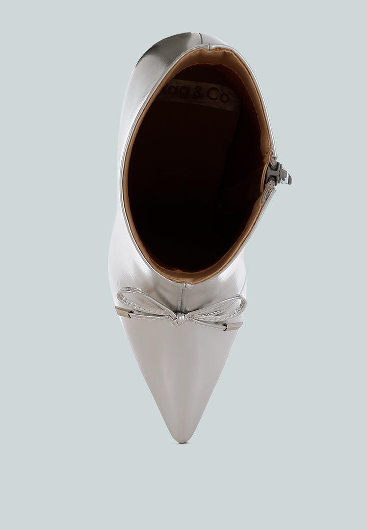 women bow detail metalic high ankle boots#color_silver