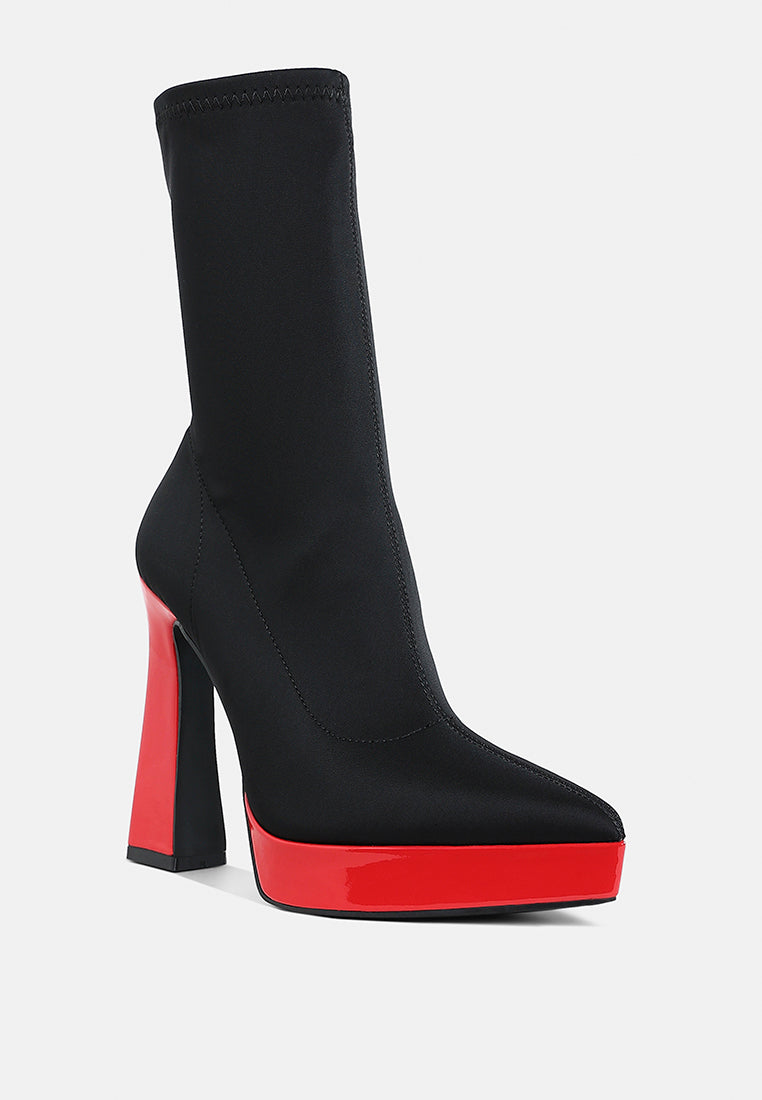 women contrasting platform detail sock boots#color_black-red