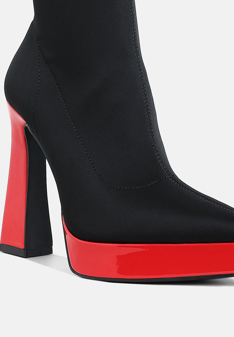 women contrasting platform detail sock boots#color_black-red
