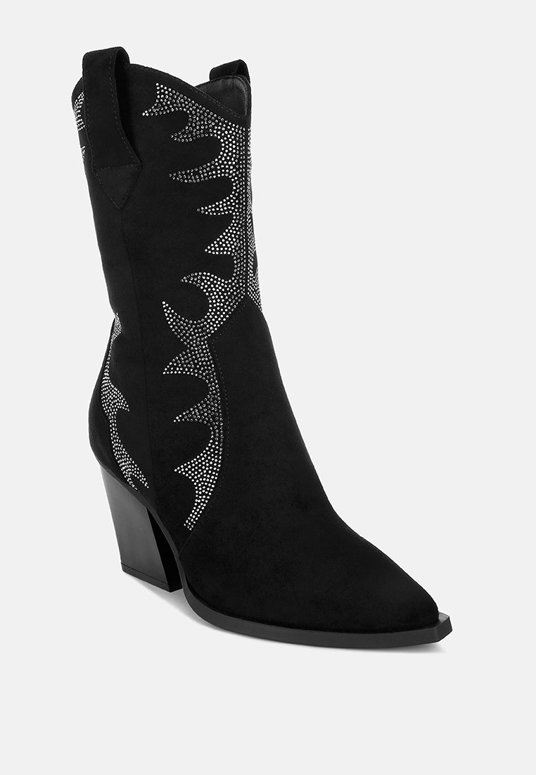 women embellished rhinestones calf boots#color_black