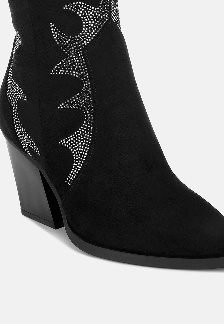 women embellished rhinestones calf boots#color_black