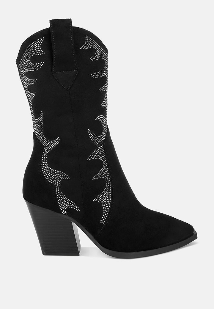 women embellished rhinestones calf boots#color_black