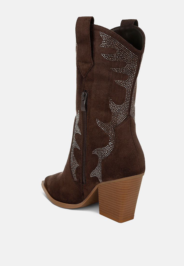 women embellished rhinestones calf boots#color_brown