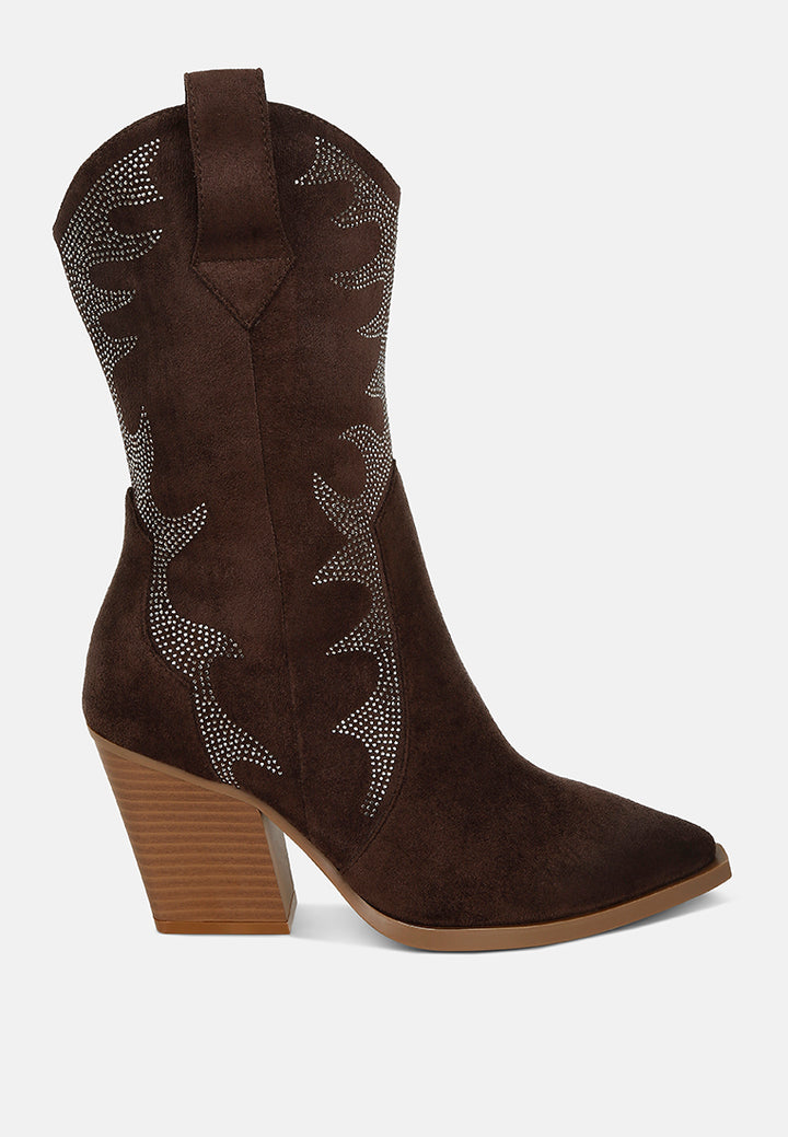 women embellished rhinestones calf boots#color_brown