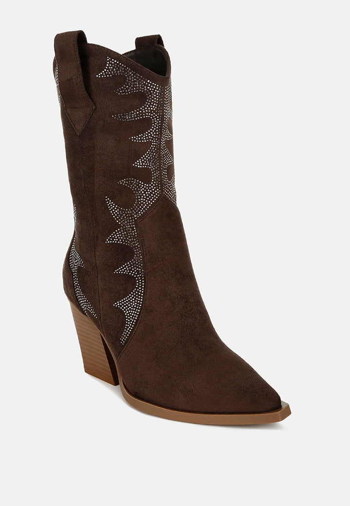 women embellished rhinestones calf boots#color_brown