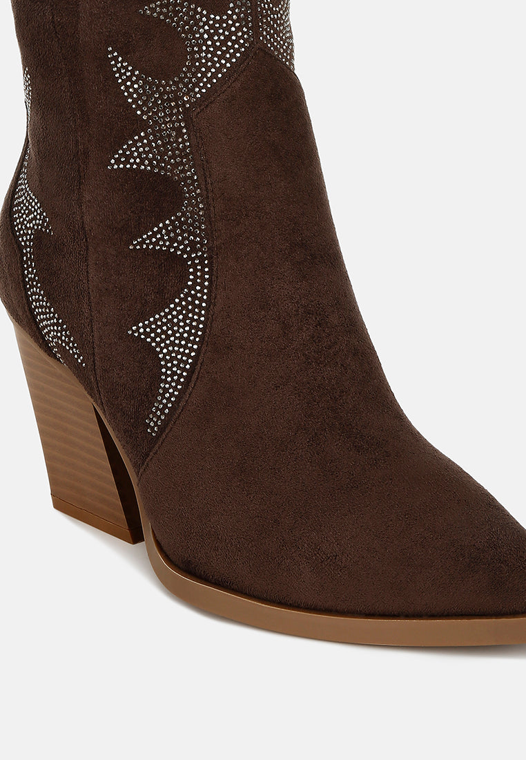 women embellished rhinestones calf boots#color_brown