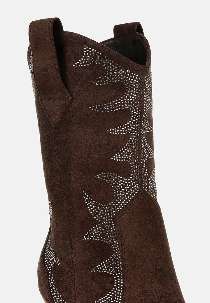 women embellished rhinestones calf boots#color_brown