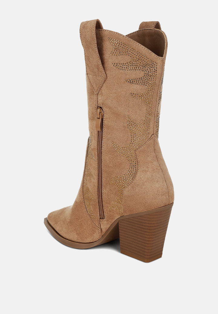 women embellished rhinestones calf boots#color_camel