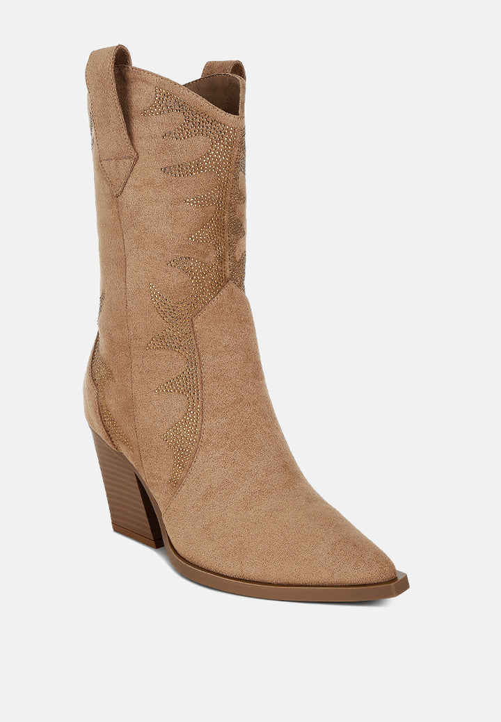 women embellished rhinestones calf boots#color_camel