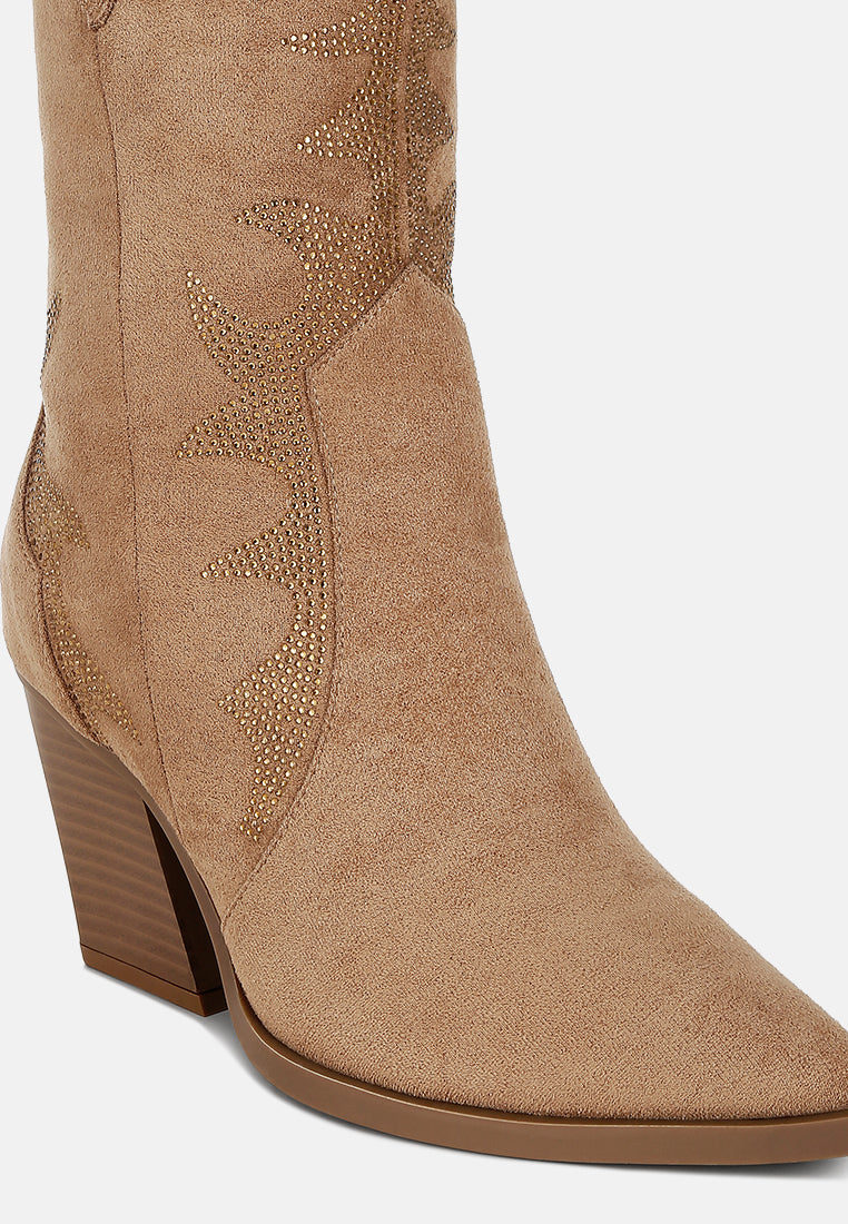 women embellished rhinestones calf boots#color_camel