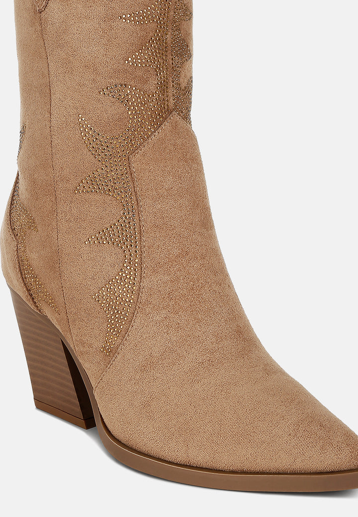 women embellished rhinestones calf boots#color_camel