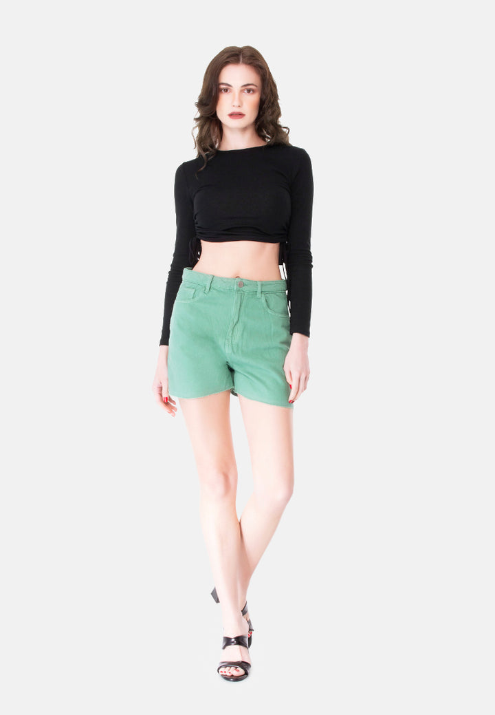 women raw hem denim shorts#color_green