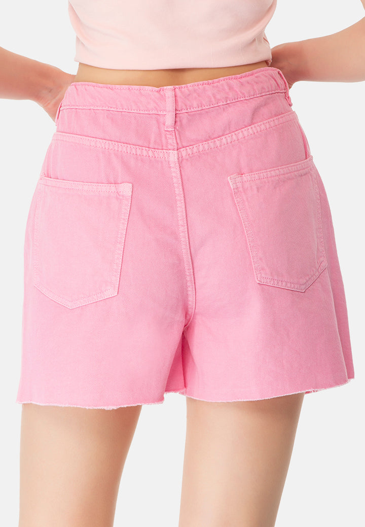 women raw hem denim shorts#color_pink