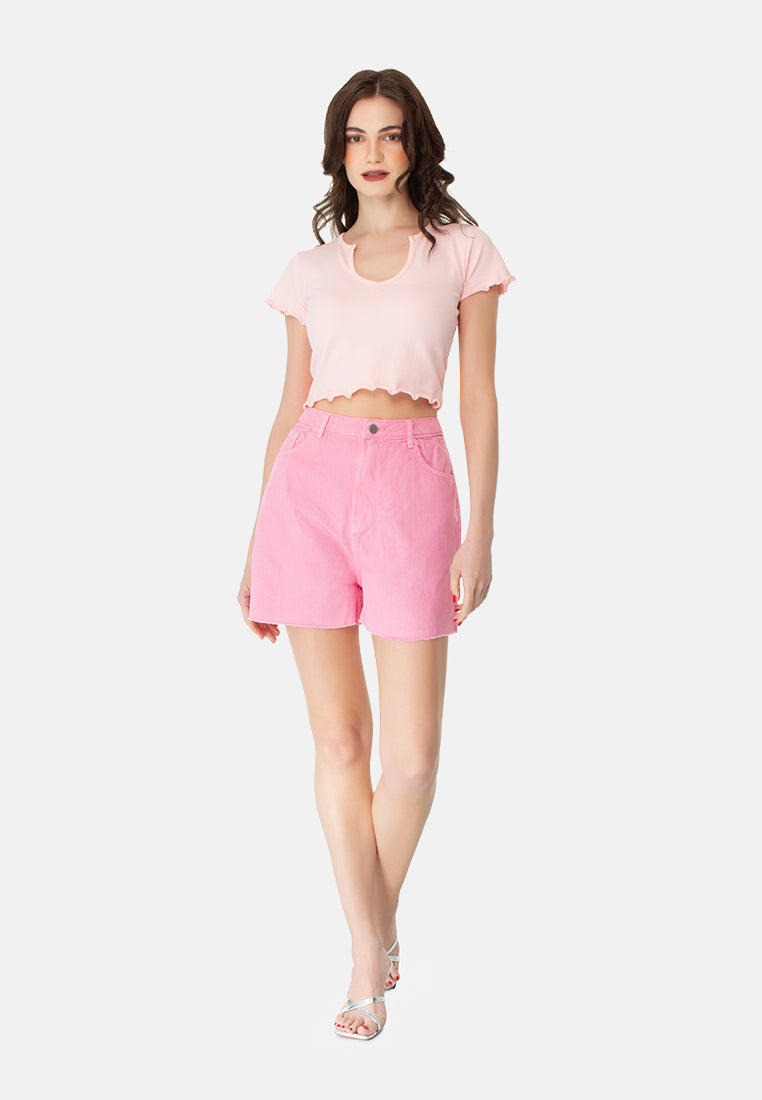 women raw hem denim shorts#color_pink
