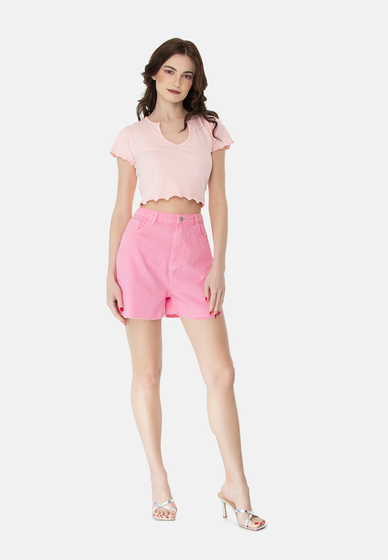 women raw hem denim shorts#color_pink
