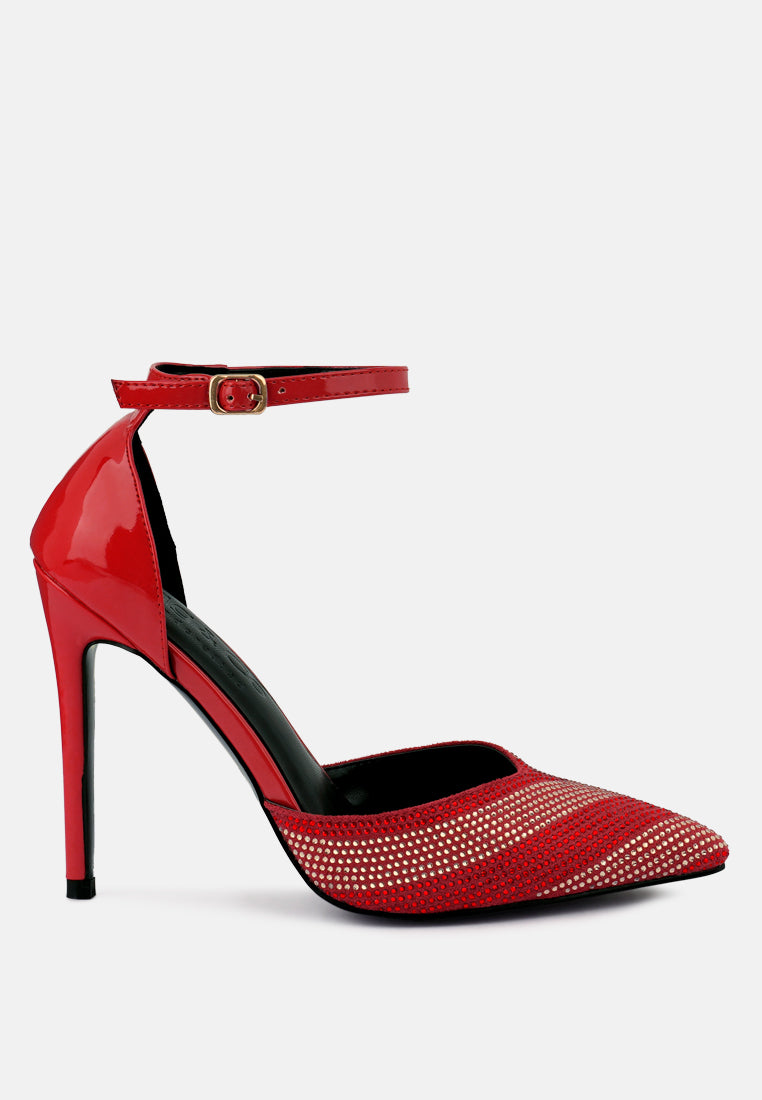 women red high heeled diamante sandals#color_red