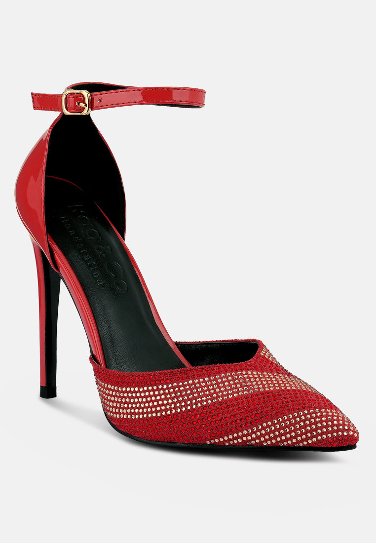 women red high heeled diamante sandals#color_red