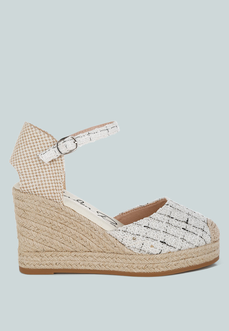 women tweed round toe woven wedges#color_white