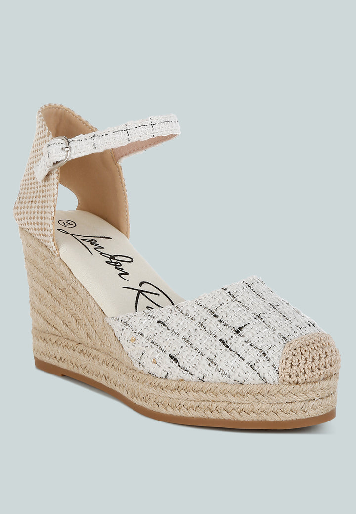 women tweed round toe woven wedges#color_white