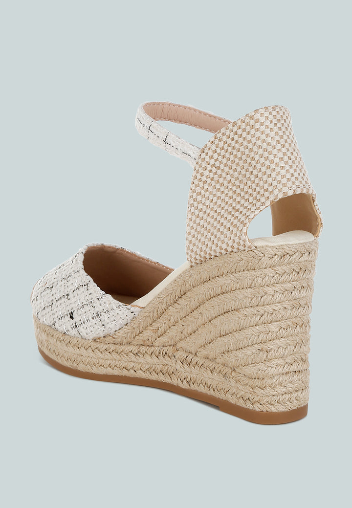 women tweed round toe woven wedges#color_white