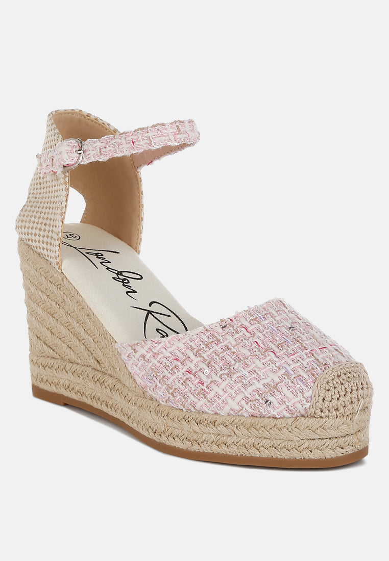 women tweed round toe woven wedges#color_pink