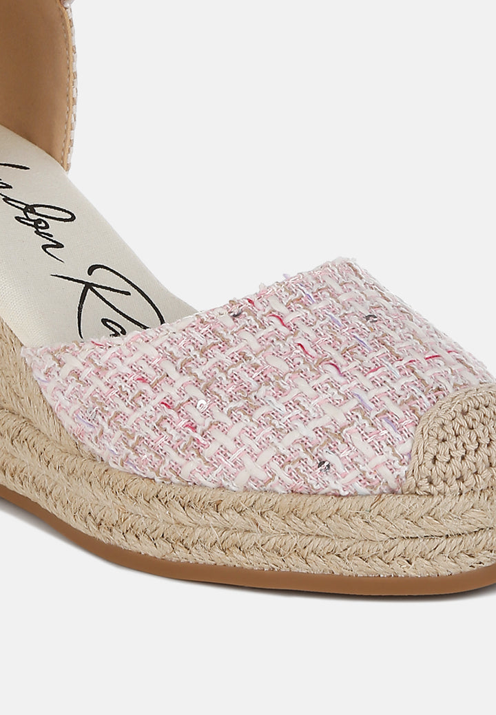 women tweed round toe woven wedges#color_pink