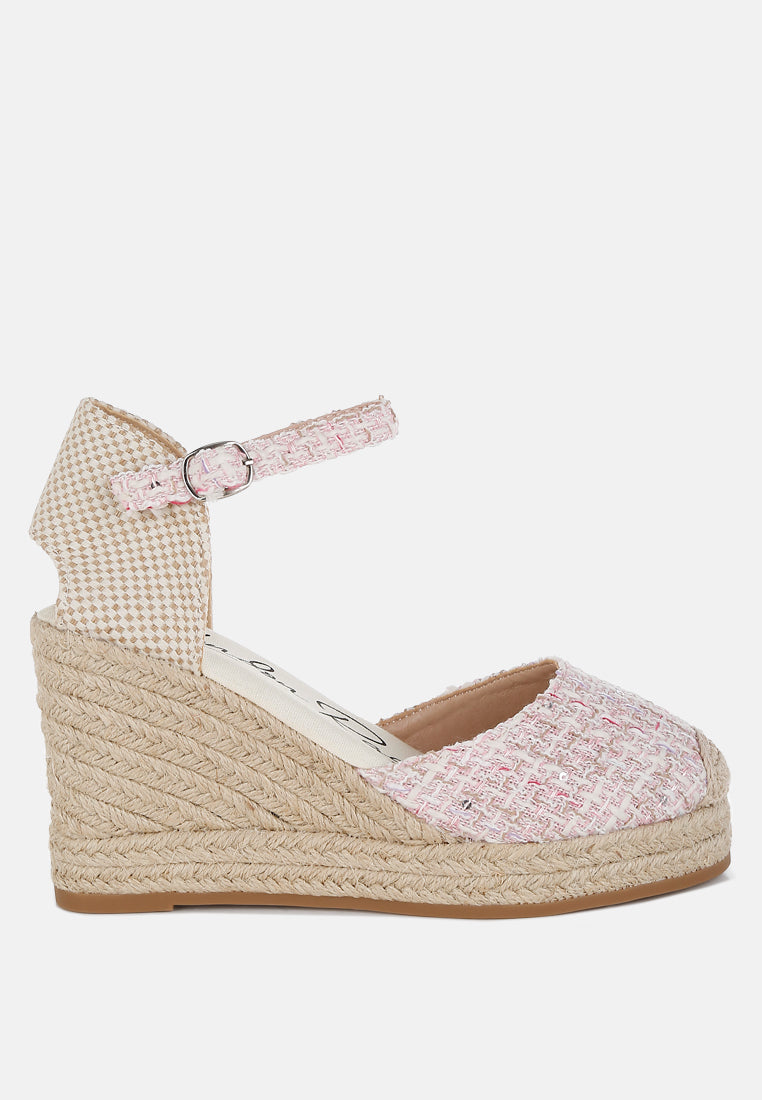 women tweed round toe woven wedges#color_pink
