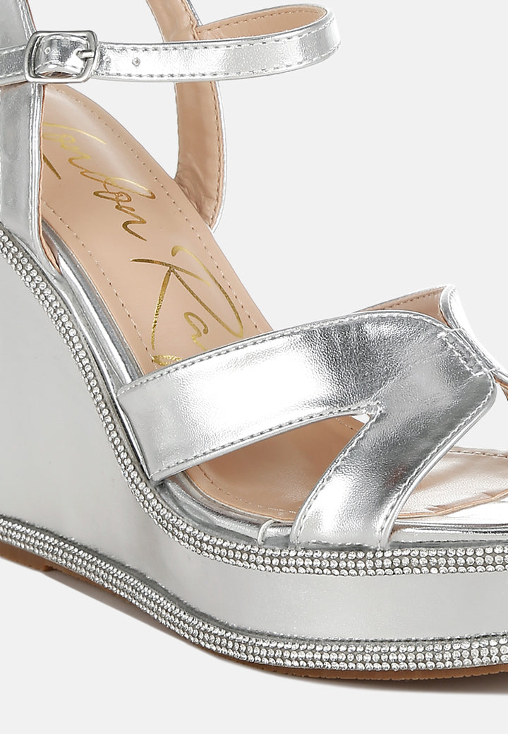 women rhinestones embellished wedge sandals#color_silver