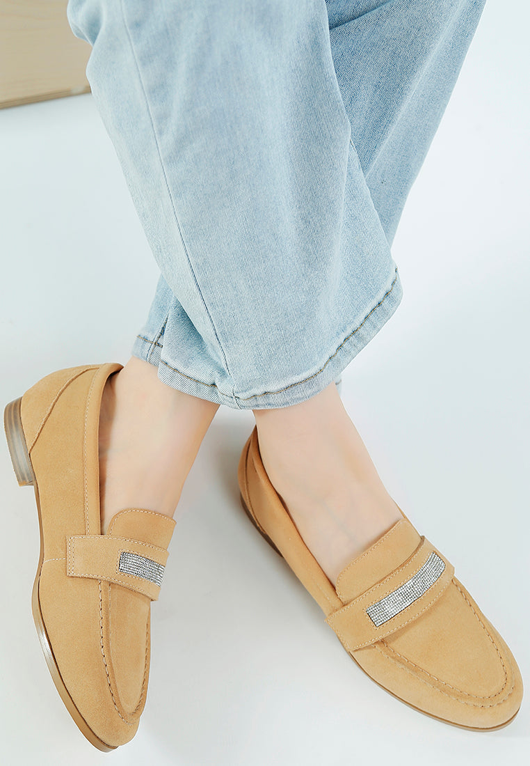 women rhinestone penny strap loafers#color_beige