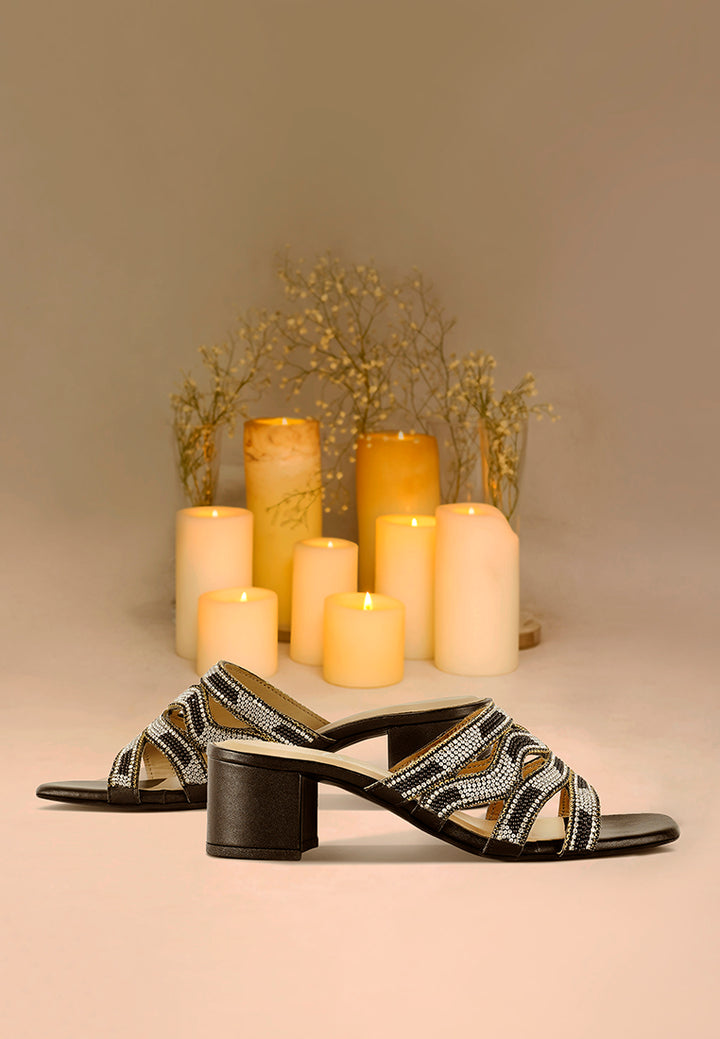 women rhinestones & bead embellished block heels#color_black