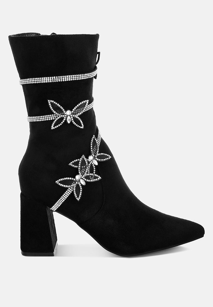 women rhinestone brooch wrap-around boots#color_black