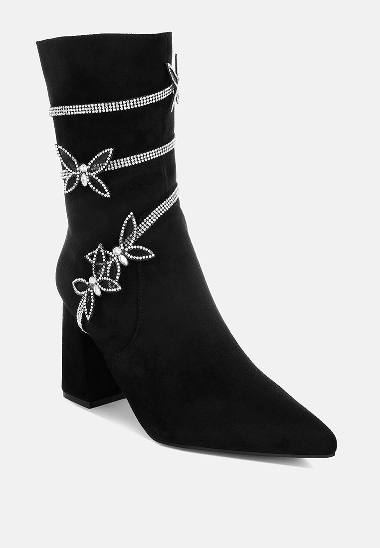 women rhinestone brooch wrap-around boots#color_black