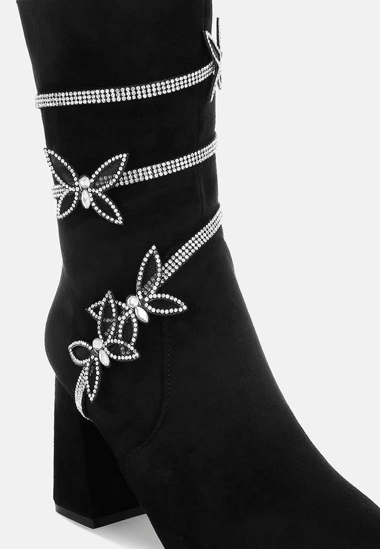 women rhinestone brooch wrap-around boots#color_black