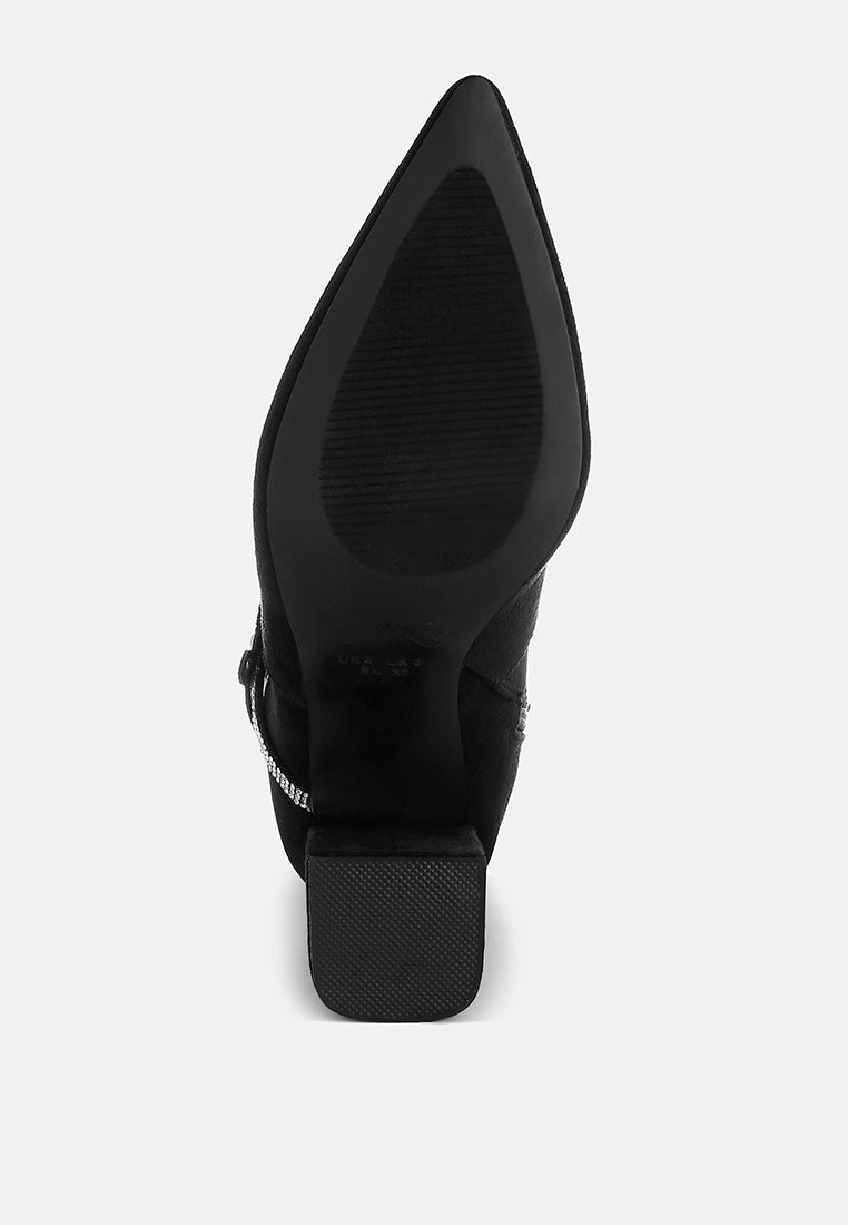 women rhinestone brooch wrap-around boots#color_black