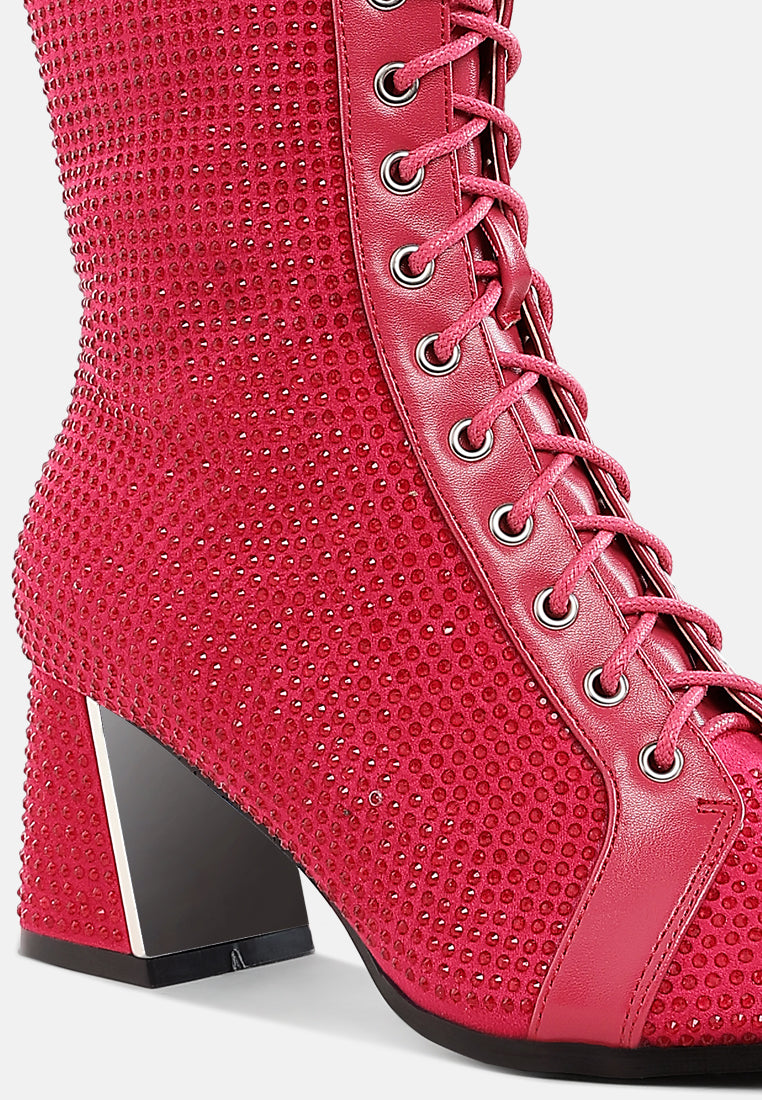 women rhinestone embellished ankle boots#color_fuchsia