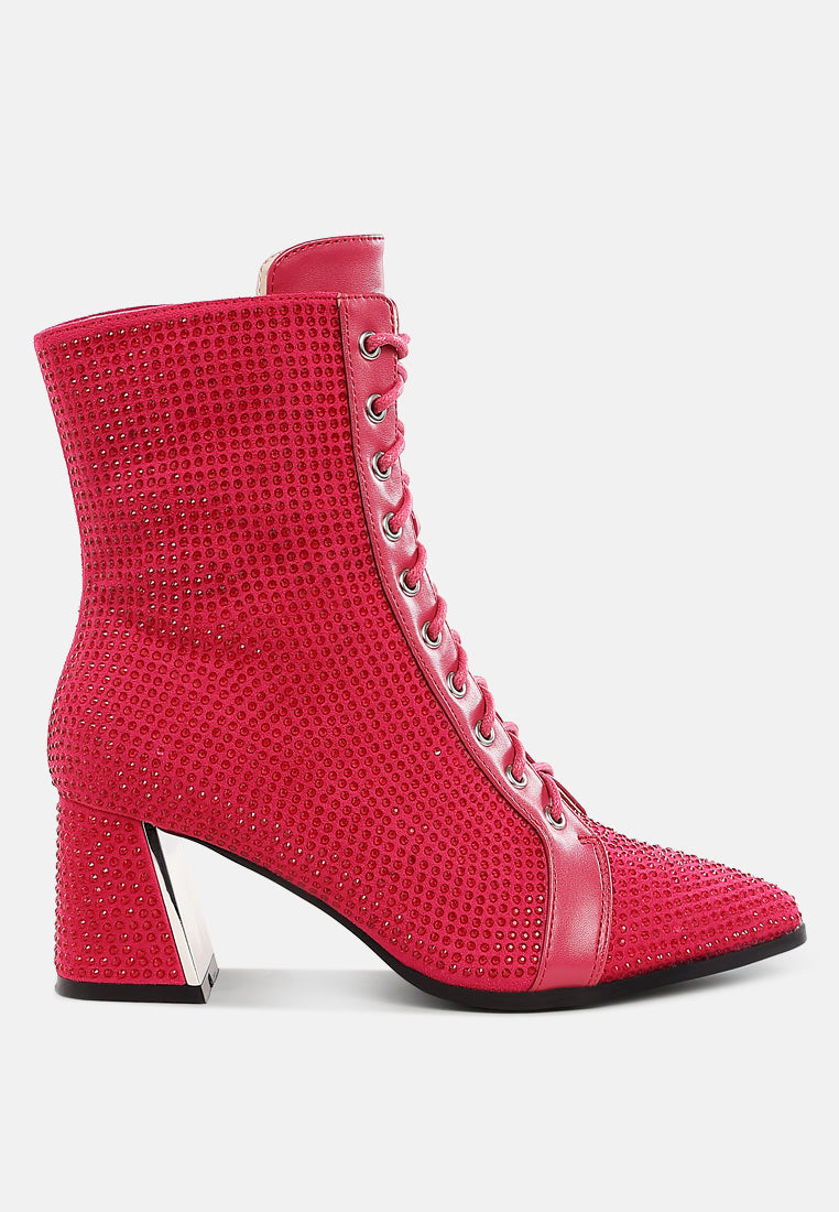 women rhinestone embellished ankle boots#color_fuchsia