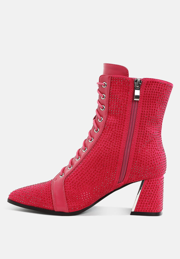 women rhinestone embellished ankle boots#color_fuchsia