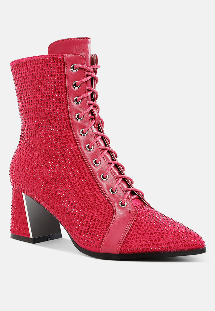 women rhinestone embellished ankle boots#color_fuchsia