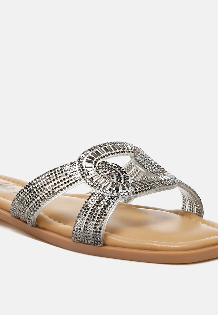 women rhinestones embellished flat sandals#color_black