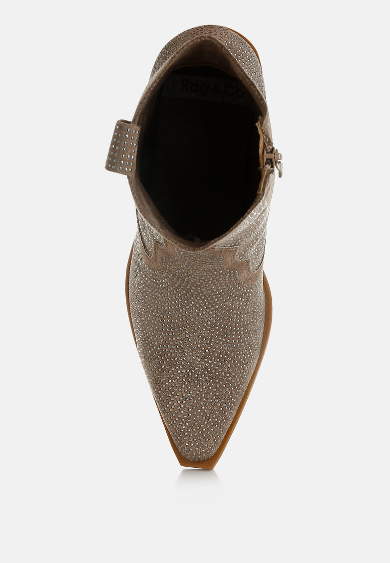 women embellished rhinestones cowboy boots#color_taupe