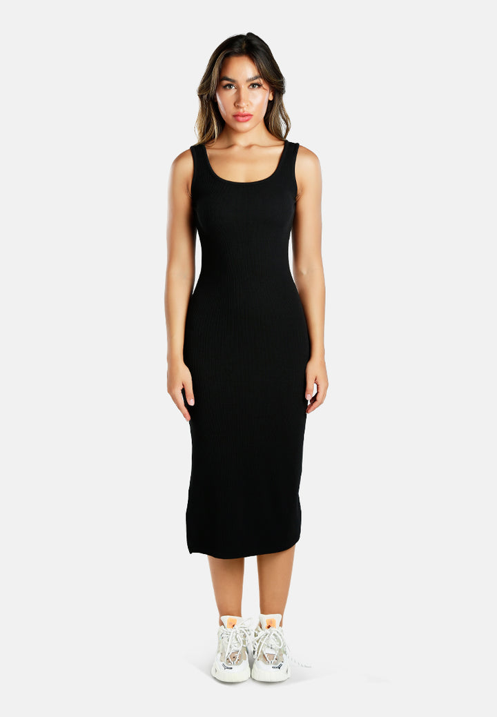 women ribbed knit slit tank dress#color_black